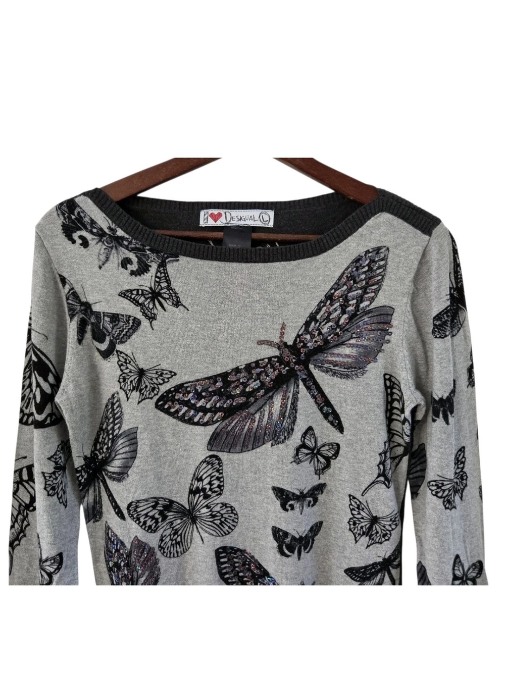 DESIGUAL Sequin Butterfly Sweater Gray Black Top Womens Size L - Picture 2 of 12